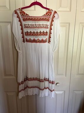 Free People White Gauze Dress with Red & Orange Embroidered Yoke